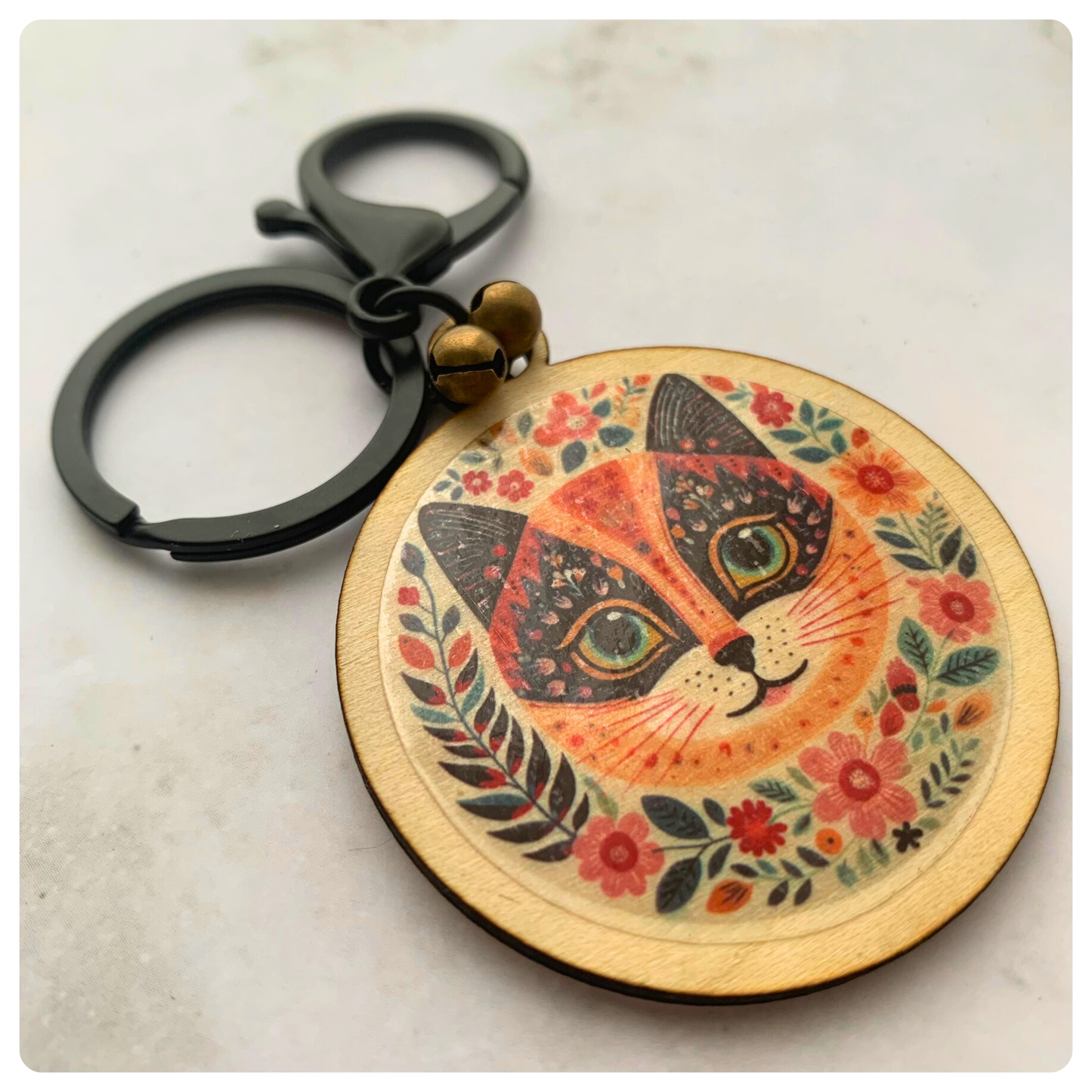 Folk Art Cat on Neutral - Keyring