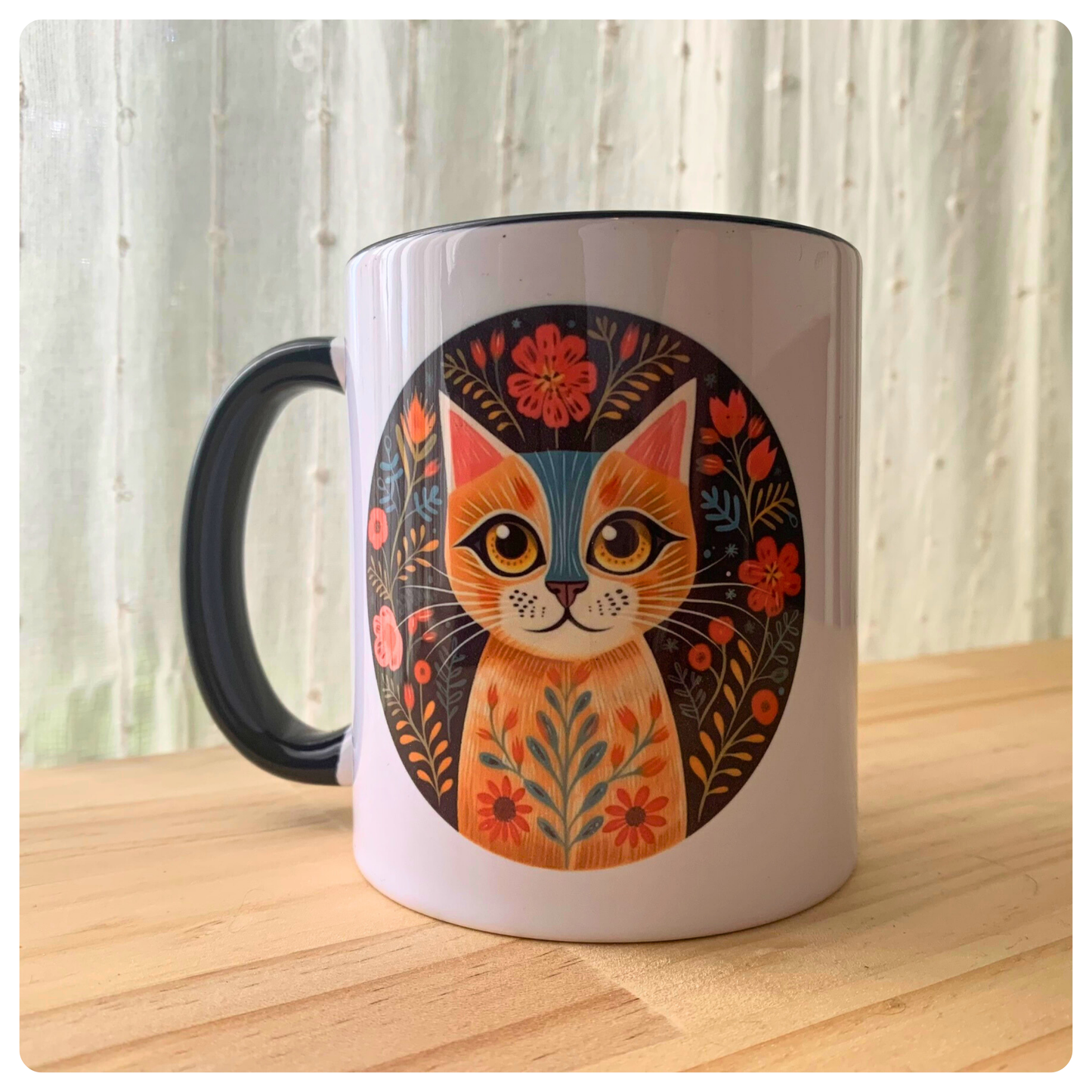 Folk Art Cat on Black - Mug