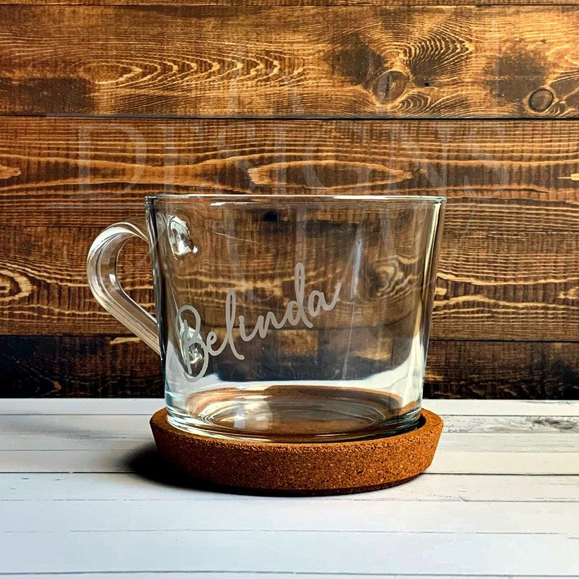 Cup and coaster, coffee cup, tea cup, glass cup, personalised, insert your name.