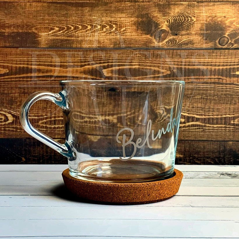 Cup and coaster, coffee cup, tea cup, glass cup, personalised, insert your name.