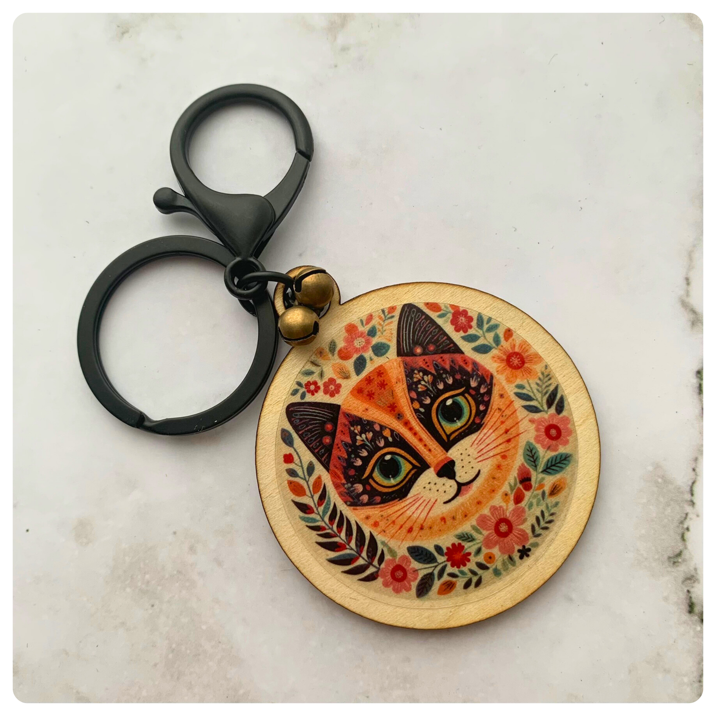 Folk Art Cat on Neutral - Keyring