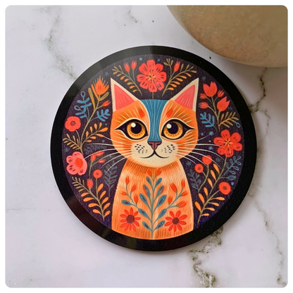Folk Art Cat on Black- Coaster