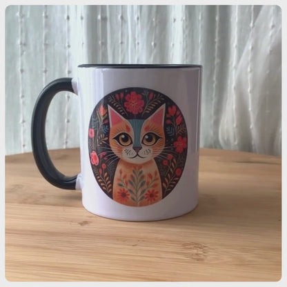 Folk Art Cat on Black - Mug