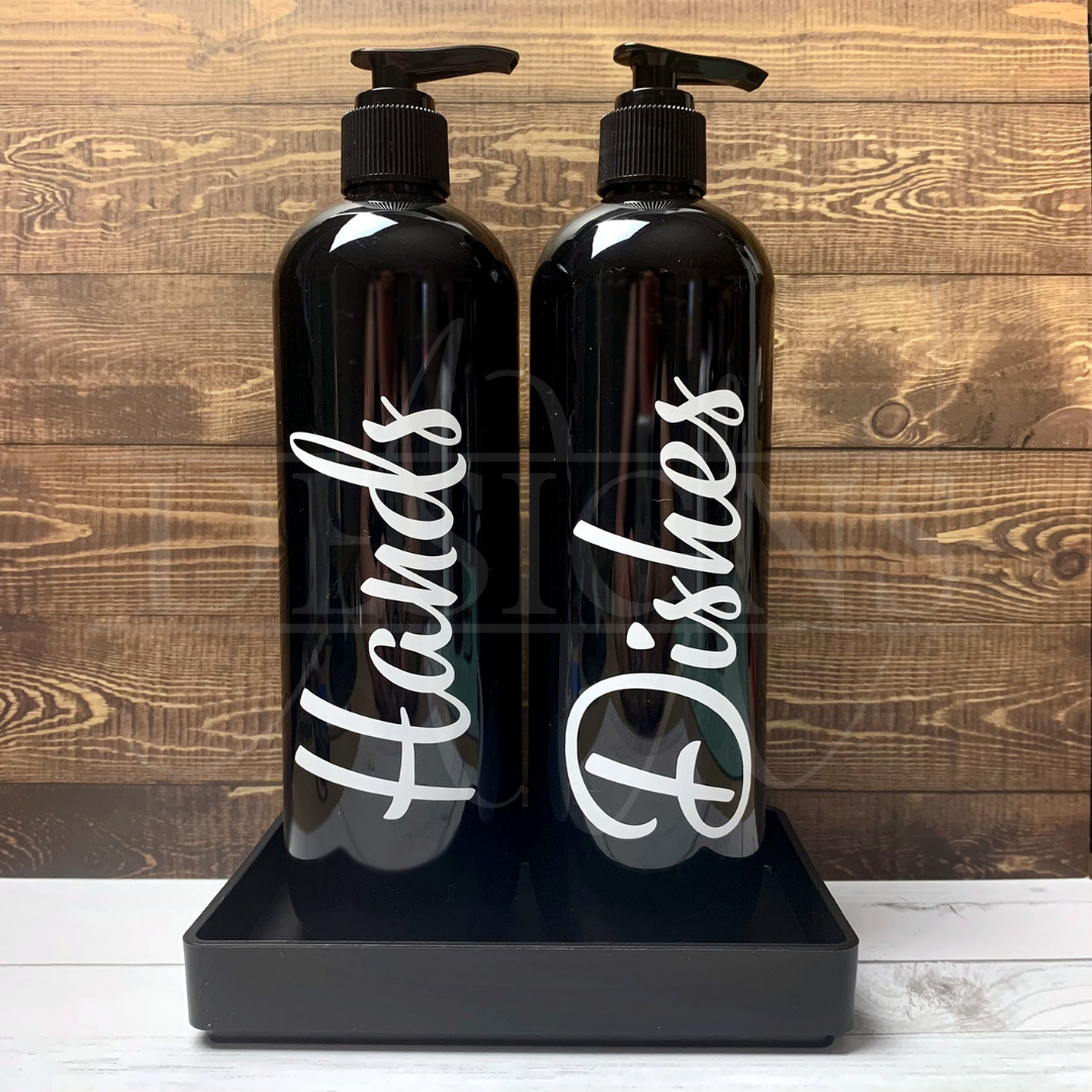 Bottles and tray, dishwashing, hand soap, dishes, hands, choose colour, choose font, amber bottle, white bottle, black bottle, kitchen sink set.