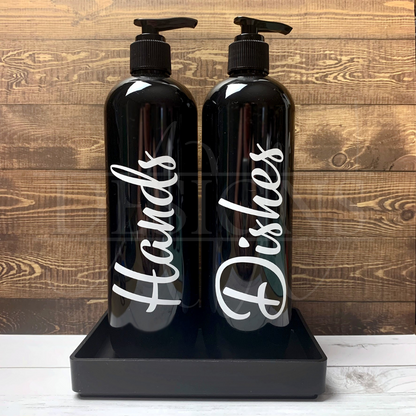 Bottles and tray, dishwashing, hand soap, dishes, hands, choose colour, choose font, amber bottle, white bottle, black bottle, kitchen sink set.