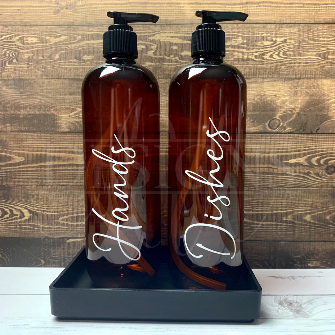 Bottles and tray, dishwashing, hand soap, dishes, hands, choose colour, choose font, amber bottle, white bottle, black bottle, kitchen sink set.