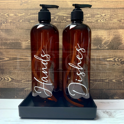 Bottles and tray, dishwashing, hand soap, dishes, hands, choose colour, choose font, amber bottle, white bottle, black bottle, kitchen sink set.