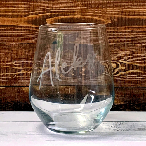 Stemless wine glass, personalised, insert your name.