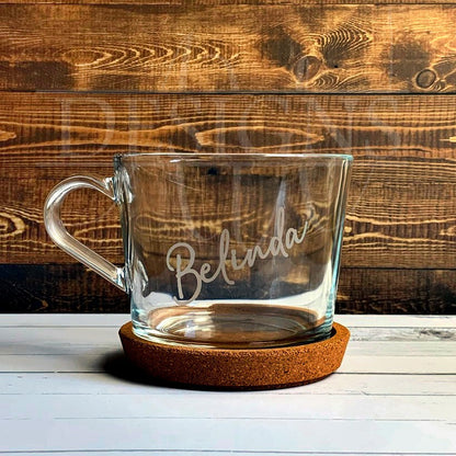 Cup and coaster, coffee cup, tea cup, glass cup, personalised, insert your name. 