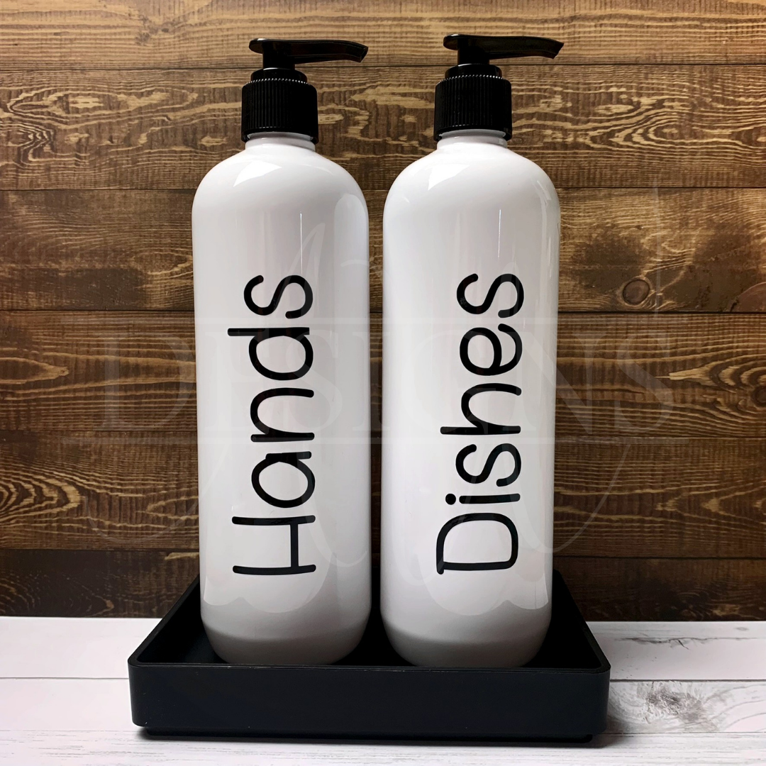 Bottles and tray, dishwashing, hand soap, dishes, hands, choose colour, choose font, amber bottle, white bottle, black bottle, kitchen sink set.